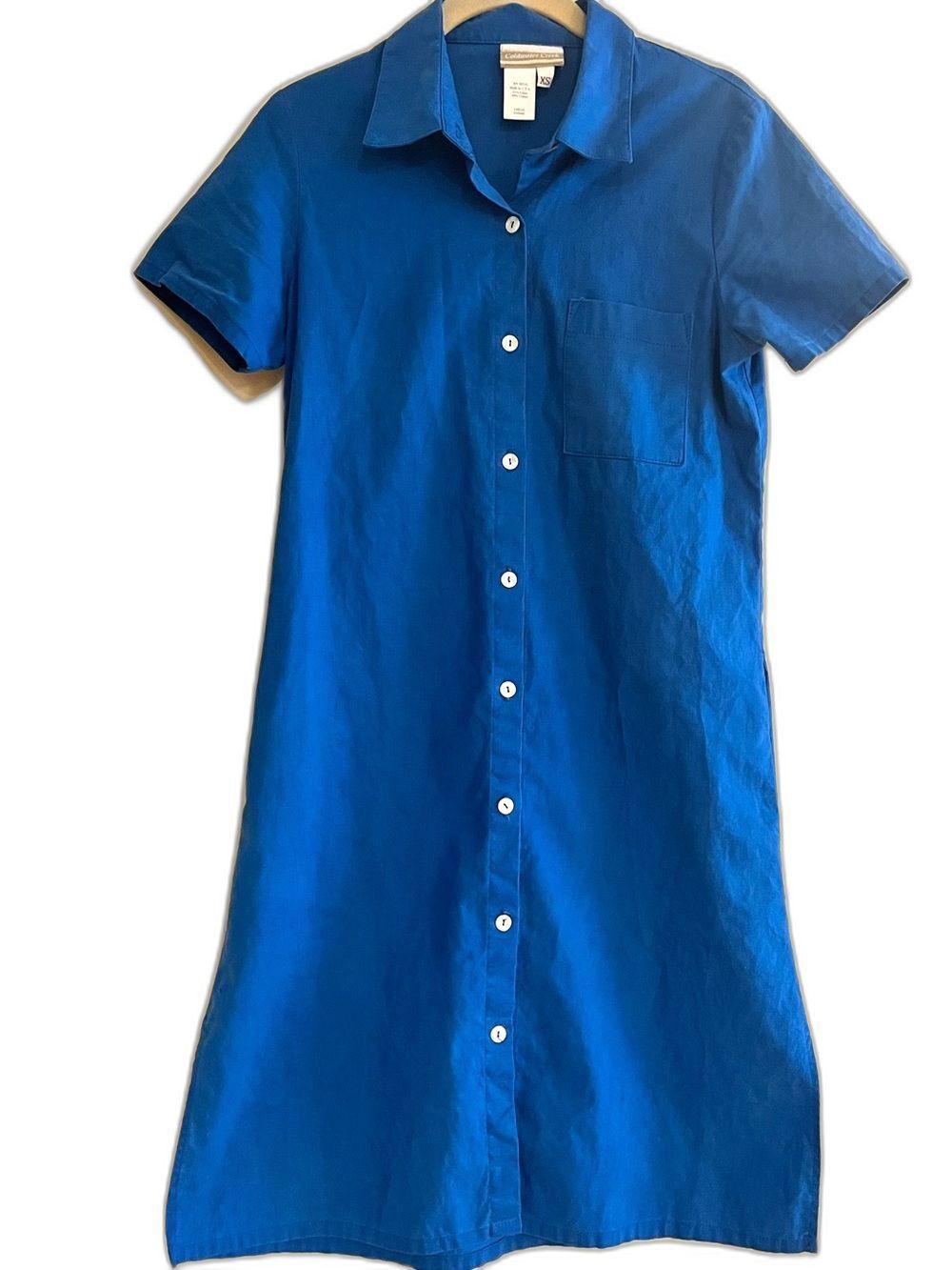 Coldwater Creek Blue Shirt Dress XS Linen Blend Shell Buttons Pockets Coastal